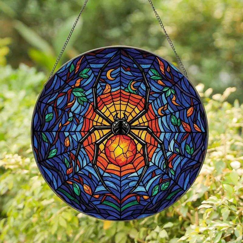 Bold Art Enthusiasts' Fiery Orange Black Widow Stained Glass Mosaic Sapphire Emerald Amethyst Web Stained Glass Suncatcher - 1