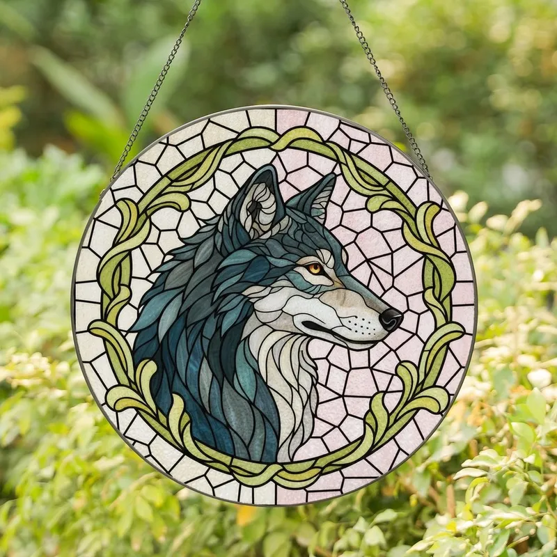 Wolf Lovers' Tiffany Stained Glass Majestic Wolf Profile Teal Pink Cream Mosaic with Yellow-Green Border Stained Glass Suncatcher - 1