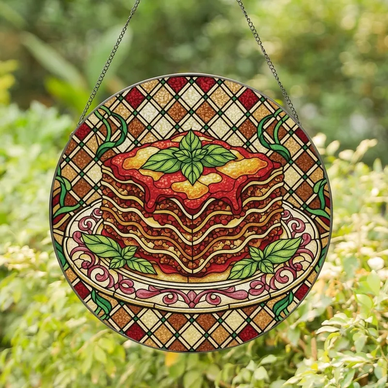 Gourmet Lovers' Vibrant Stained Glass Lasagna with Golden Plate & Jewel Tone Mosaic Stained Glass Suncatcher - 1