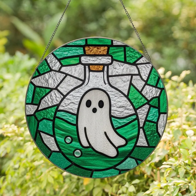 Whimsical Style Seekers' Translucent Emerald Green Stained Glass Ghost Potion Bottle Mosaic Stained Glass Suncatcher - 1