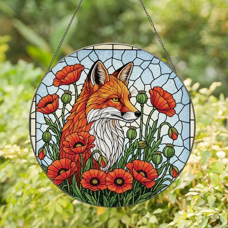 Art Lovers' Majestic Stained Glass Fox Poppy Floral Mosaic Jewel Tones Stained Glass Suncatcher - zWZo8quDjn