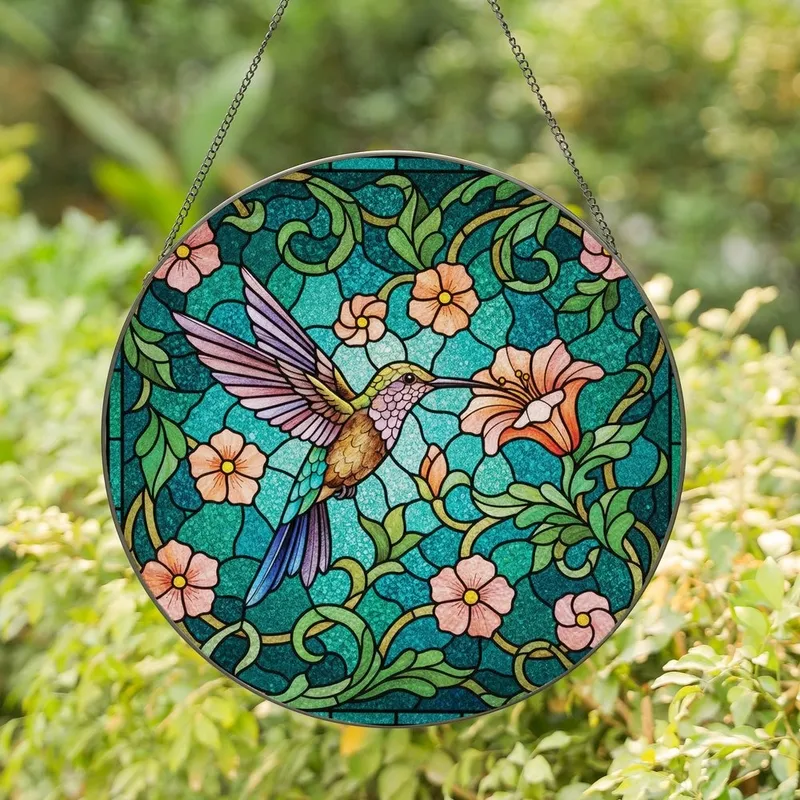Nature Lovers' Vibrant Tiffany Stained Glass Hummingbird Floral Mosaic Jewel Tones Stained Glass Suncatcher - WCkYkyl5Y8