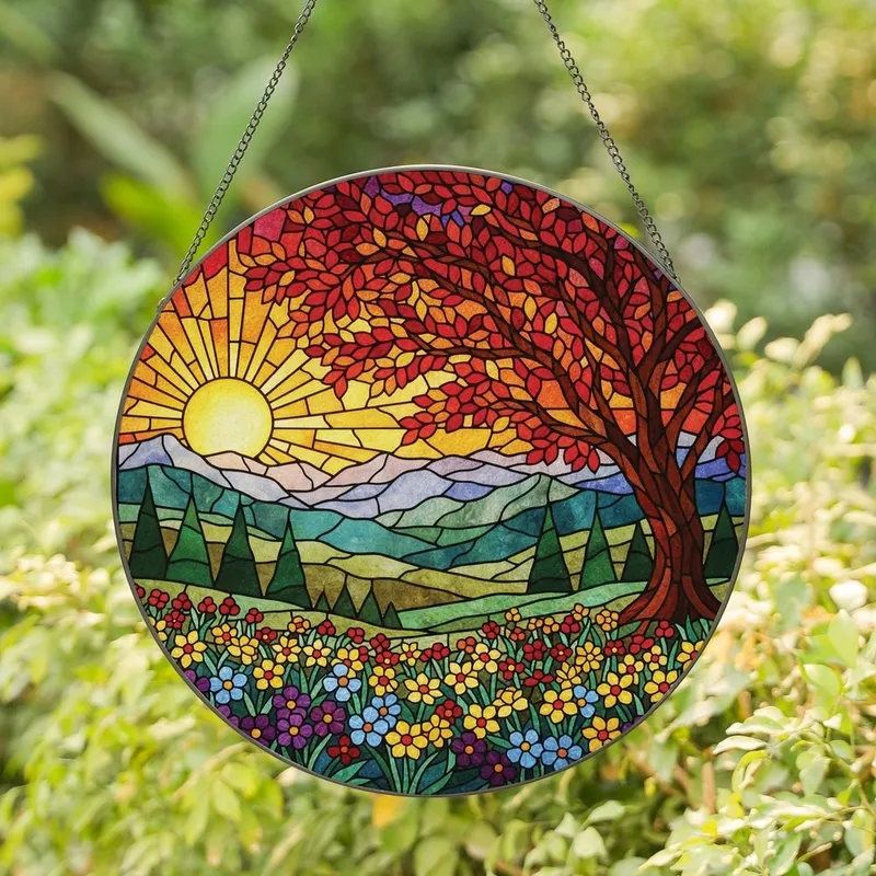 Nature & Art Lovers' Radiant Stained Glass Sun Tree Meadow Wildflower Mosaic Orange Red Purple Green Stained Glass Suncatcher - 1
