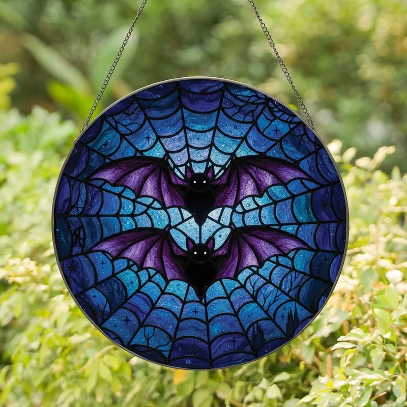 Gothic Art Admirers' Tiffany Stained Glass Bats Spiderweb Night Sky Mosaic Purple Blue Teal Stained Glass Suncatcher - Lifk_E6N34