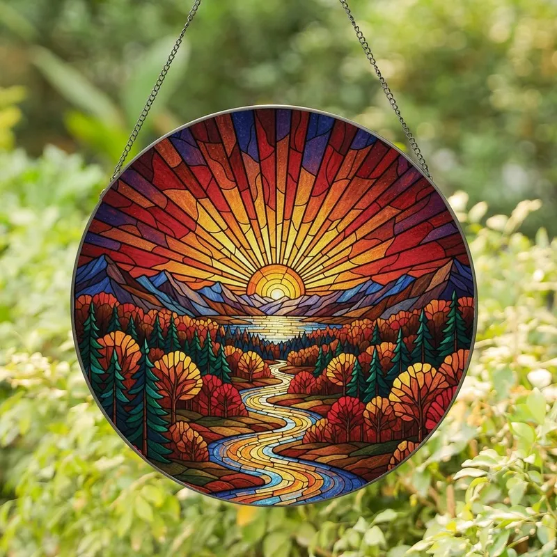 Art Enthusiasts' Intricate Stained Glass Sunburst Mountain River Forest Jewel Tone Mosaic Stained Glass Suncatcher - m7iqLWc-ma
