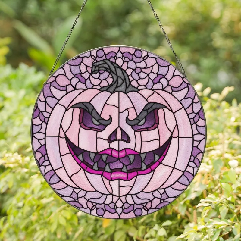 Halloween Art Lovers' Intricate Tiffany Stained Glass Pink Lavender Dark Purple Jack-o'-lantern Mosaic Stained Glass Suncatcher - 1