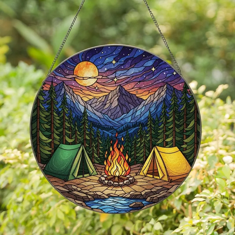 Nature Lovers' Vibrant Stained Glass Campfire Mountain Forest Night Mosaic Stained Glass Suncatcher - 1