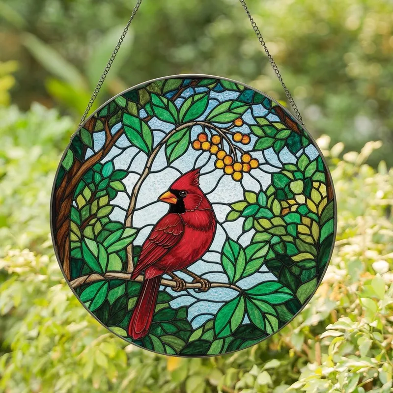 Nature Lovers' Tiffany Stained Glass Ruby Red Cardinal Emerald Leaves Amber Berries Mosaic Art Stained Glass Suncatcher - sjl1GJ5ZYO