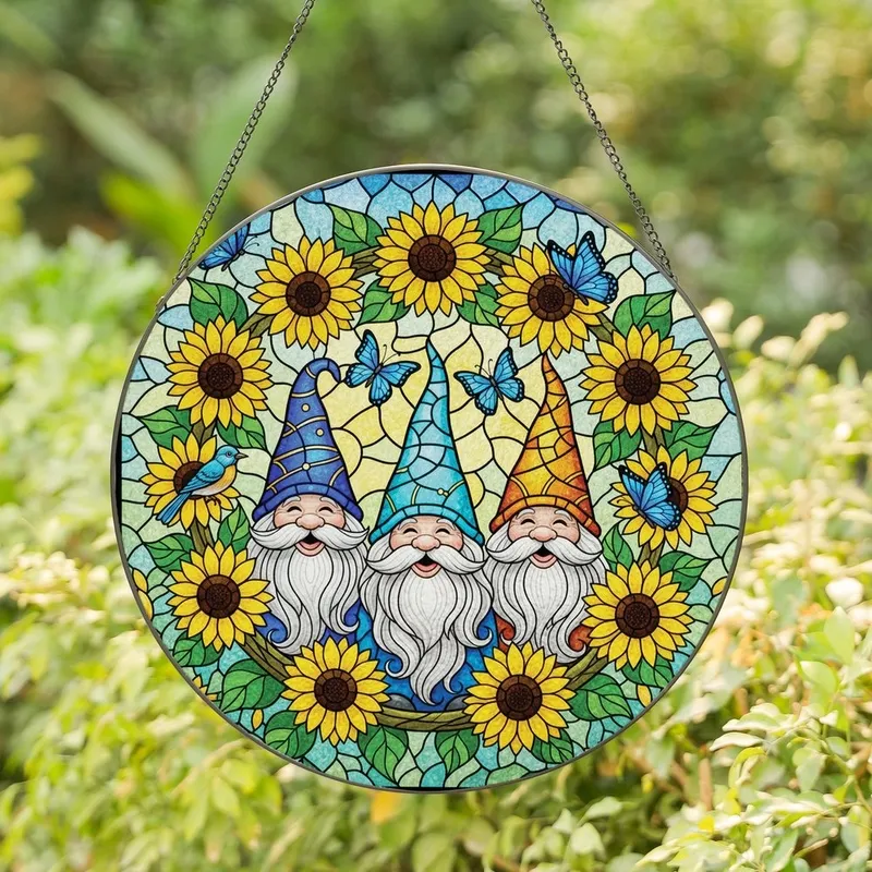 Whimsical Art Lovers' Stained Glass Gnomes & Sunflowers Mosaic in Royal Blue & Amber Jewel Tones Stained Glass Suncatcher - 1