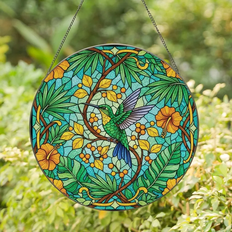 Nature Lovers' Tiffany Stained Glass Emerald Hummingbird Tropical Jewel Tone Botanical Mosaic Stained Glass Suncatcher - 1