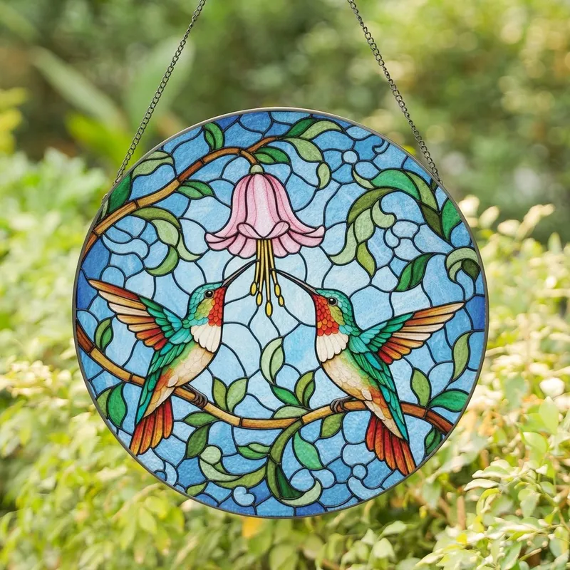 Nature Lovers' Detailed Stained Glass Hummingbirds Pink Flower Swirling Sky Art Teal Orange Jewel Tones Stained Glass Suncatcher - 1