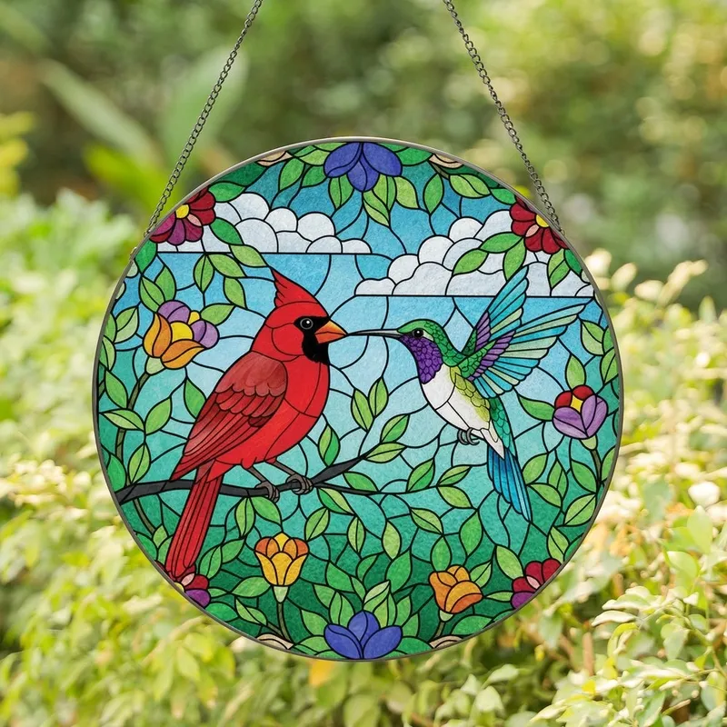 Nature Lovers' Vibrant Stained Glass Red Cardinal Hummingbird Jewel Tone Mosaic Stained Glass Suncatcher - RH5xC0kqtU