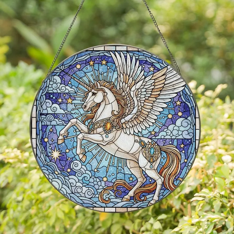 Fantasy Art Lovers' Majestic Tiffany Stained Glass Alicorn Rearing Celestial Mosaic in Iridescent White, Golden Amber, Sky Blue Stained Glass Suncatcher - 1