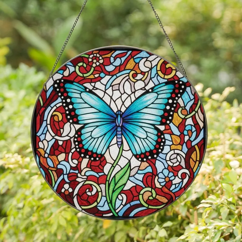 Art Lovers' Majestic Stained Glass Butterfly Aqua Blue Iridescent Floral Mosaic Jewel Tones Stained Glass Suncatcher - tk9AmD9zuB