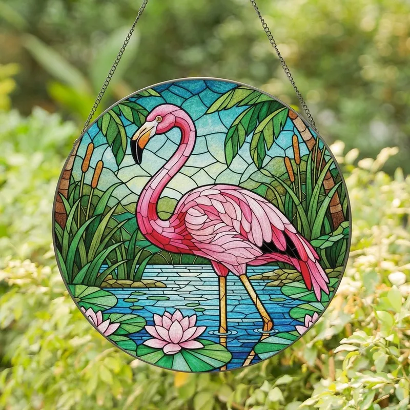 Nature Lovers' Tiffany Stained Glass Flamingo Tropical Wetland Jewel Tones Pink Green Aqua Mosaic Art Stained Glass Suncatcher - 1