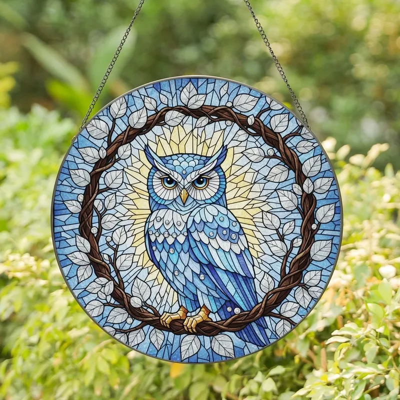 Nature Lovers' Sapphire Blue Owl Tiffany Stained Glass Mosaic Forest Canopy Stained Glass Suncatcher - 1