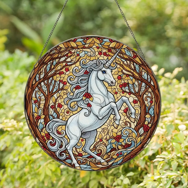 Fantasy Art Lovers Majestic Unicorn Stained Glass Enchanted Forest Jewel Tone Mosaic Stained Glass Suncatcher - NgNtYnucqH