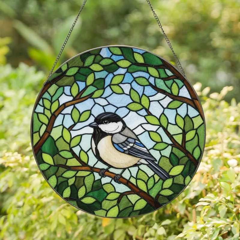 Nature Lovers' Tiffany Style Stained Glass Titmouse Bird Vibrant Emerald Green & Sky Blue Foliage Stained Glass Suncatcher - 1