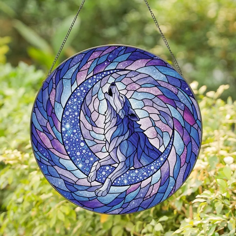 Celestial Dreamers' Vibrant Tiffany Stained Glass Howling Wolf Moon Galaxy Nebula Stained Glass Suncatcher - 1