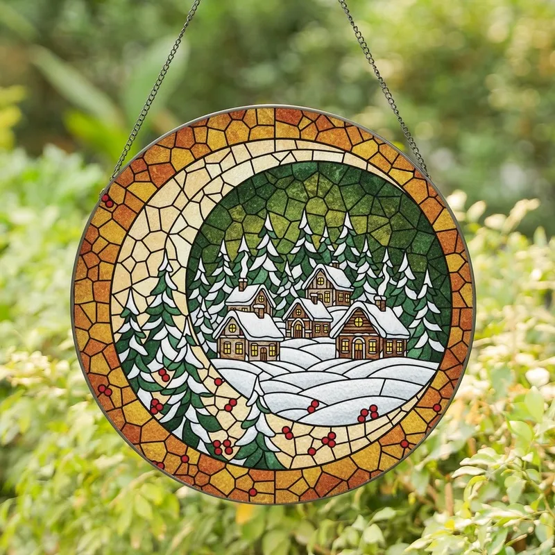 Art Lovers' Intricate Tiffany Stained Glass Winter Village Moon Amber Green Red Stained Glass Suncatcher - 1