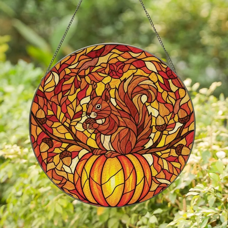 Autumn Lovers' Detailed Stained Glass Squirrel Pumpkin Acorn Fall Leaves Mosaic Jewel Tones Stained Glass Suncatcher - 1
