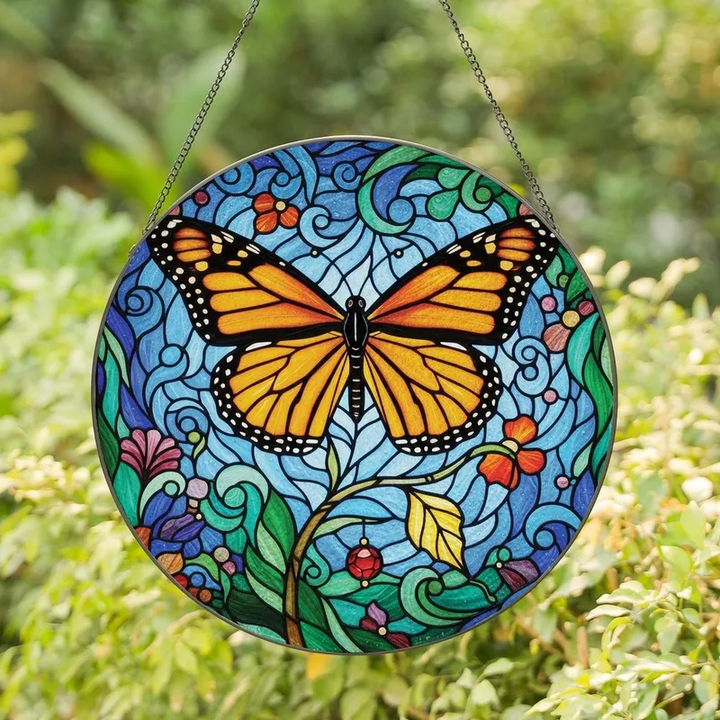 Nature Lovers' Vibrant Monarch Butterfly Tiffany Stained Glass Mosaic Art with Ruby Red & Golden Accents Stained Glass Suncatcher - usXBs5G_O6
