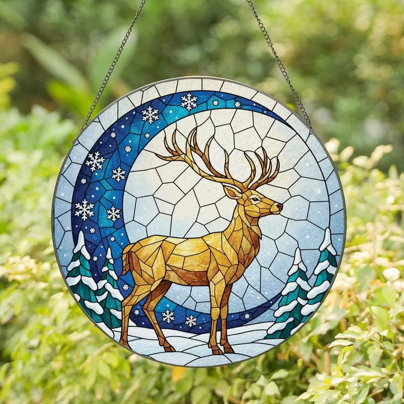 Nature Lovers' Majestic Stag Stained Glass Art, Golden Amber Sapphire Blue Winter Twilight Stained Glass Suncatcher - Jn8TEwzx1i