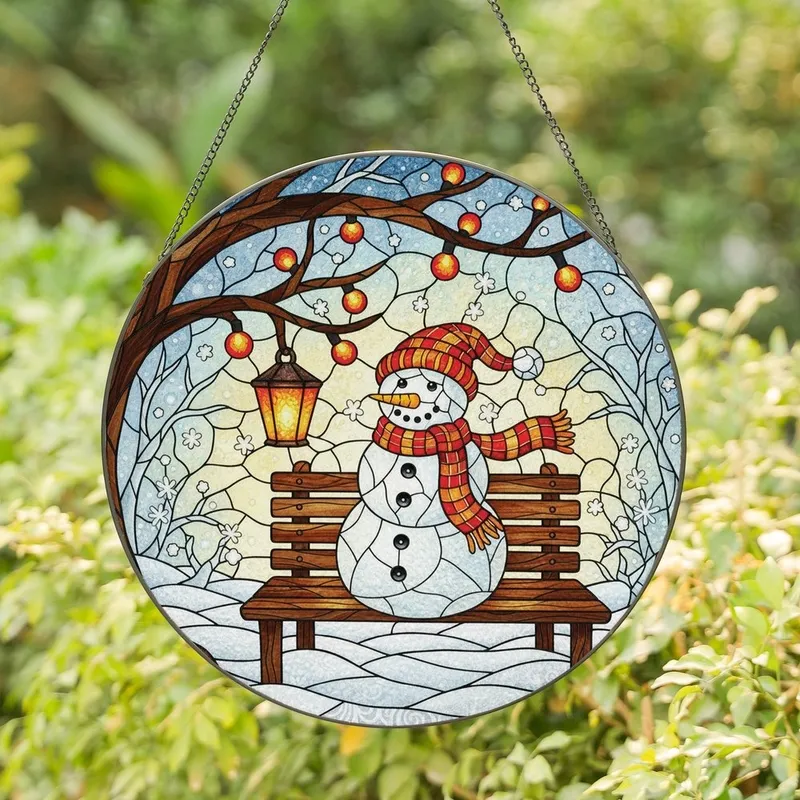 Holiday Enthusiasts' Cheerful Snowman Tiffany Stained Glass Winter Mosaic Red Orange Yellow Stained Glass Suncatcher - 1