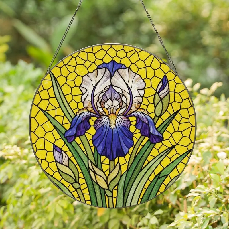 Art Lovers' Intricate Jewel Tone Iris Bloom Tiffany Stained Glass Yellow Mosaic Pattern Stained Glass Suncatcher - 1