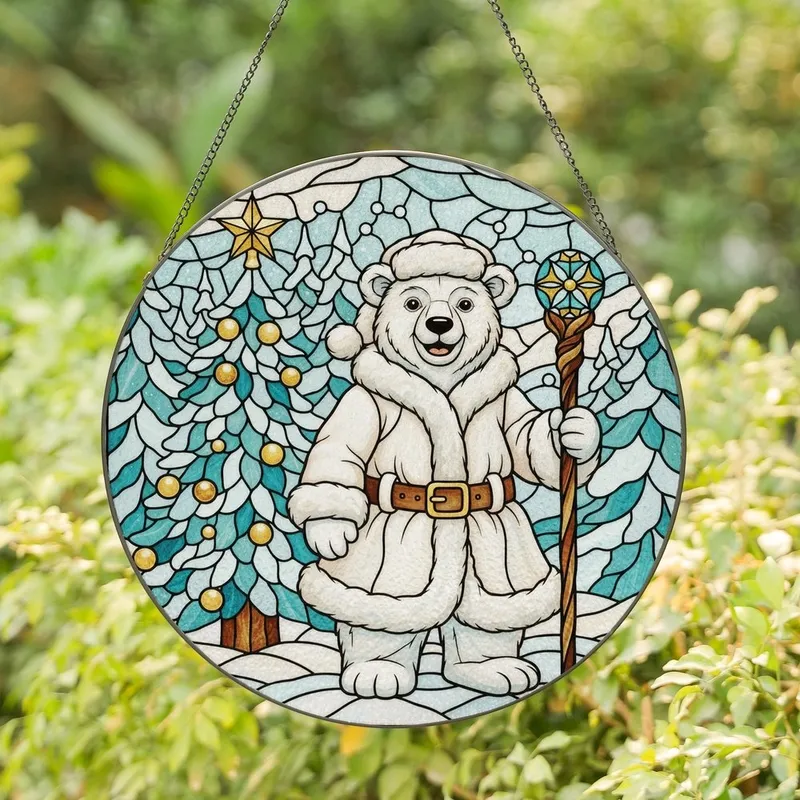 Holiday Joy Seekers' Tiffany Style Stained Glass Polar Bear Christmas Teal Amber Mosaic Stained Glass Suncatcher - xlSIEQJu_8