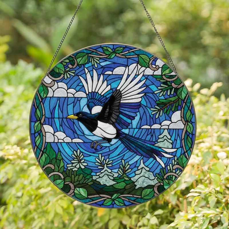 Art Lovers' Tiffany-Style Stained Glass Magpie in Flight, Jewel Tone Mosaic Sky & Metallic Scrolls Stained Glass Suncatcher - lrqOeNMSz7