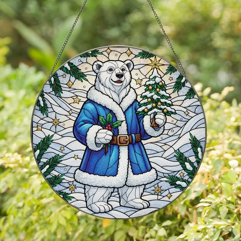 Holiday Art Lovers' Tiffany Glass Polar Bear Festive Winter Scene, Holly, Christmas Tree, Jewel Tones Stained Glass Suncatcher - t1p1naFFa_