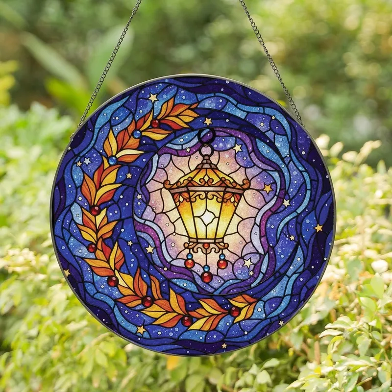 Fantasy Art Lovers' Intricate Stained Glass Crescent Moon Lantern Celestial Mosaic Orange Blue Jewel Tones Stained Glass Suncatcher - 1