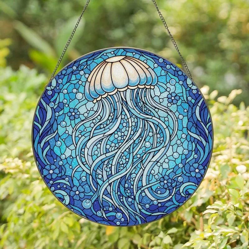 Ocean Lovers' Tiffany Stained Glass Majestic Jellyfish Aqua Cerulean Blue Jewel Tone Art with Intricate Filigree Stained Glass Suncatcher - 1