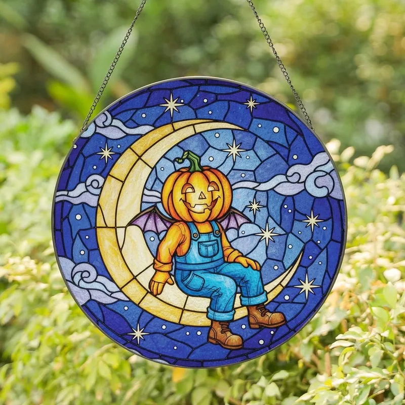 Spooky Season Lover's Grinning Jack-o'-Lantern Stained Glass Jewel Tone Crescent Moon Stained Glass Suncatcher - 56yDIiRyP2