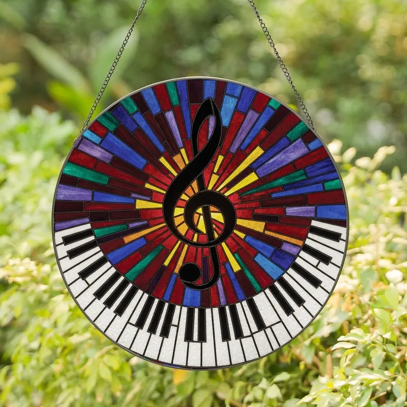 Music Lovers' Tiffany Stained Glass Treble Clef Sunburst Mosaic Jewel Tones Stained Glass Suncatcher - 1