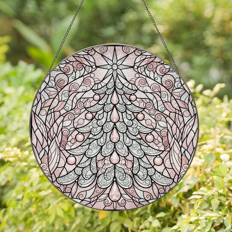 Holiday Enthusiasts' Ornate Tiffany Stained Glass Christmas Tree Glowing Rose Gold Pink Crystal Gem Mosaic Edge-to-Edge Stained Glass Suncatcher - 1