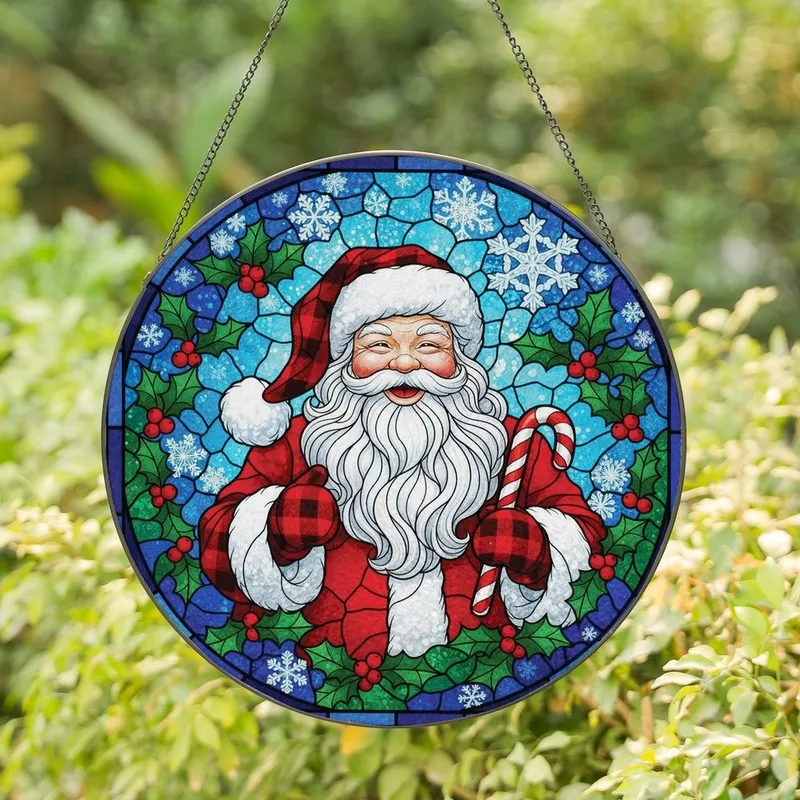 Winter Celebrators' Tiffany Style Stained Glass Santa Claus, Holly & Snowflakes Mosaic Stained Glass Suncatcher - WI0l2Yz96t