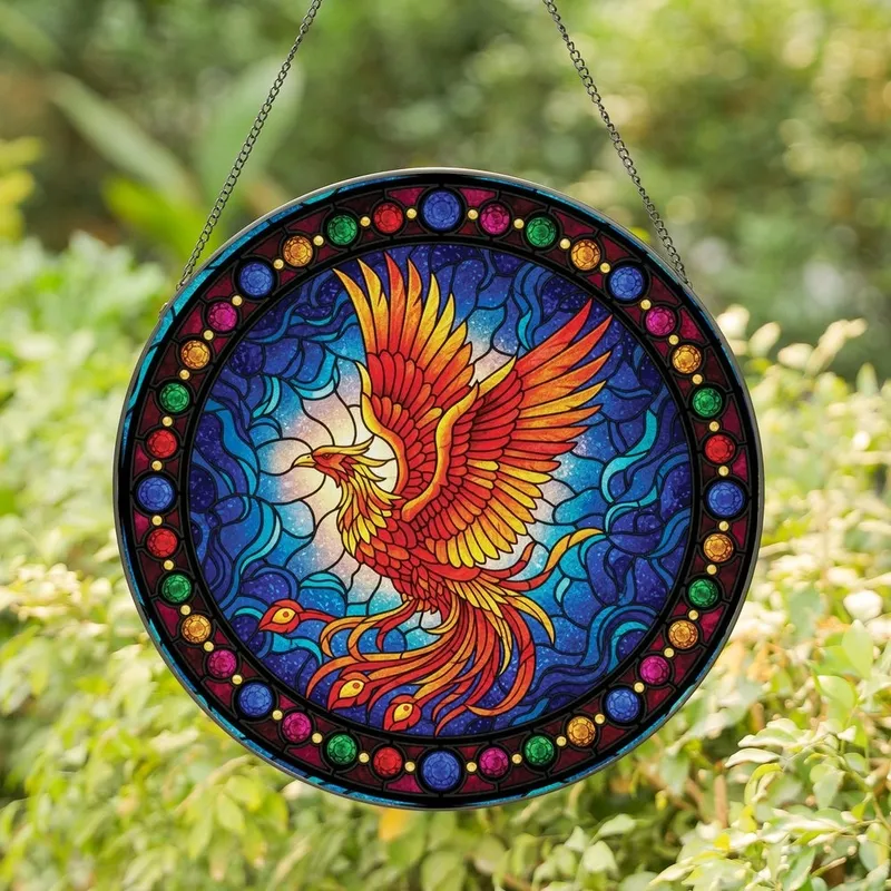 Fantasy Art Lovers' Vibrant Tiffany Stained Glass Phoenix Cosmic Nebula Jewel-Studded Border Stained Glass Suncatcher - 1