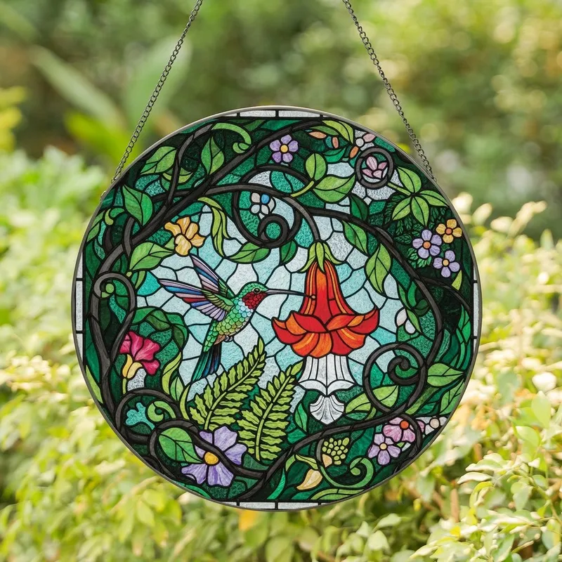 Stained Glass Art Lovers' Tiffany Style Hummingbird Emerald Ruby Floral Mosaic Intricate Vines Edge-to-Edge Stained Glass Suncatcher - 5OGTRdUi3l