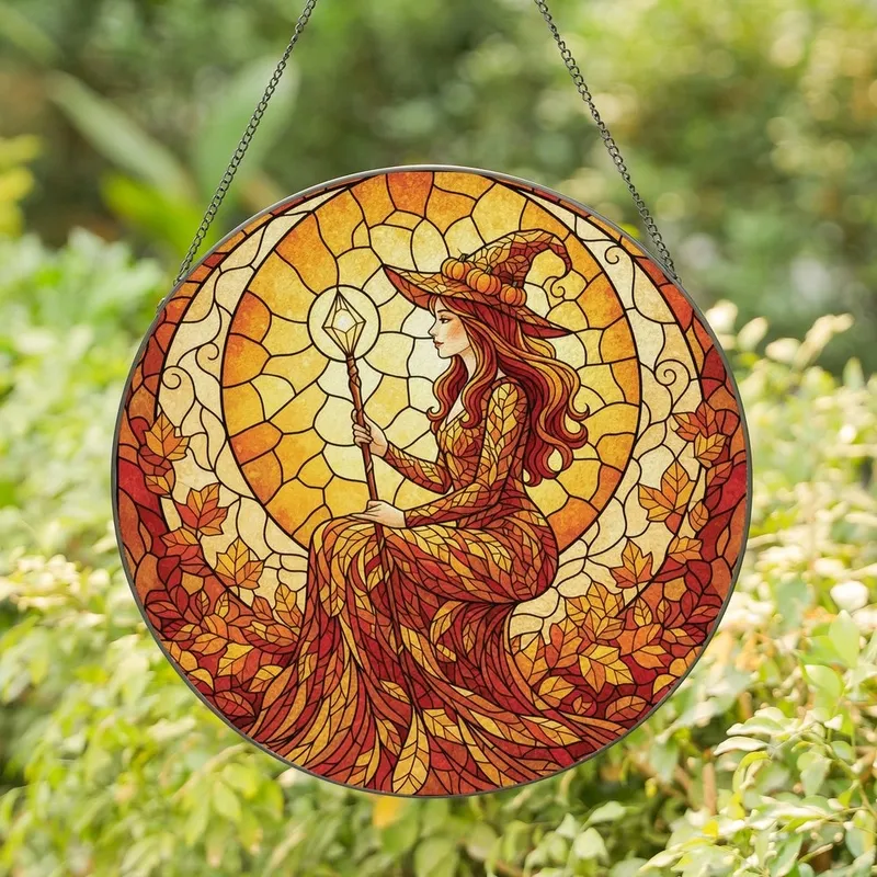 Autumn Fantasy Lovers' Tiffany Stained Glass Witch Moon Autumn Leaves Radiant Jewel Tones Stained Glass Suncatcher - 1
