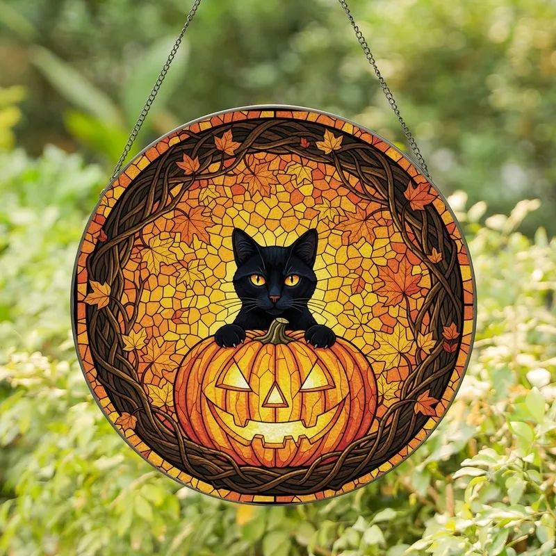 Halloween & Cat Lovers' Stained Glass Black Cat Jack-o'-Lantern Glowing Autumn Foliage Mosaic Stained Glass Suncatcher - 1