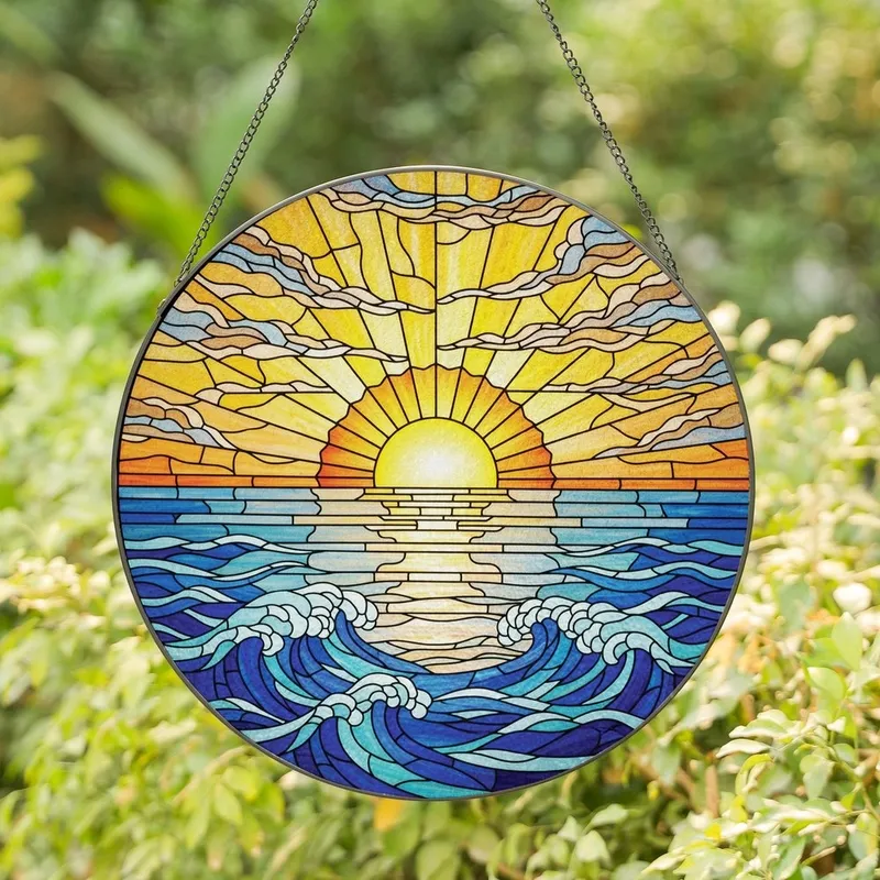Nature Lovers' Vibrant Stained Glass Ocean Sunset Art with Tiffany Style Sun & Waves Stained Glass Suncatcher - 1
