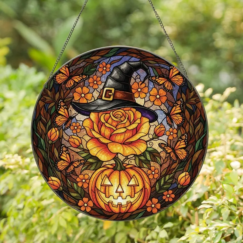 Autumn Style Lovers' Vibrant Orange Stained Glass Rose Witch Hat & Jack-o'-Lantern Monarch Mosaic Stained Glass Suncatcher - 1