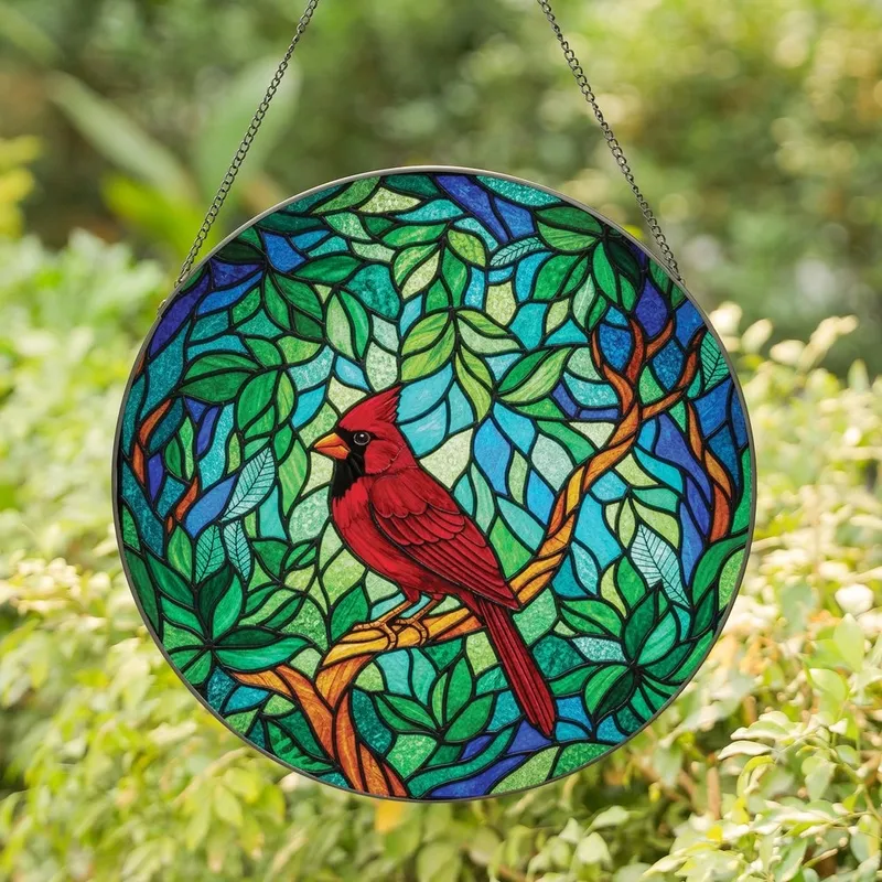 Nature Lovers' Vibrant Stained Glass Cardinal Bird & Foliage Mosaic, Ruby Red Green Blue Yellow Tiffany Style Pattern Stained Glass Suncatcher - 1