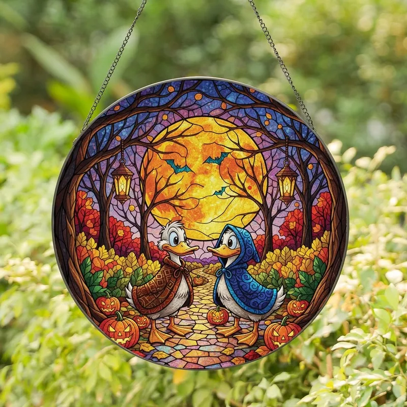 Fantasy Art Admirers' Intricate Tiffany Stained Glass Ducks Jack-o'-Lantern Autumn Twilight Stained Glass Suncatcher - 1