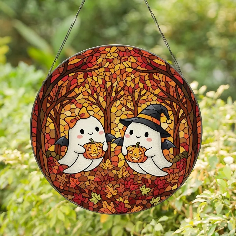 Spooky Cute Enthusiasts' Intricate Stained Glass Chibi Ghosts Jack-o'-lanterns Autumn Forest Mosaic Glowing Jewel Tones Stained Glass Suncatcher - 1