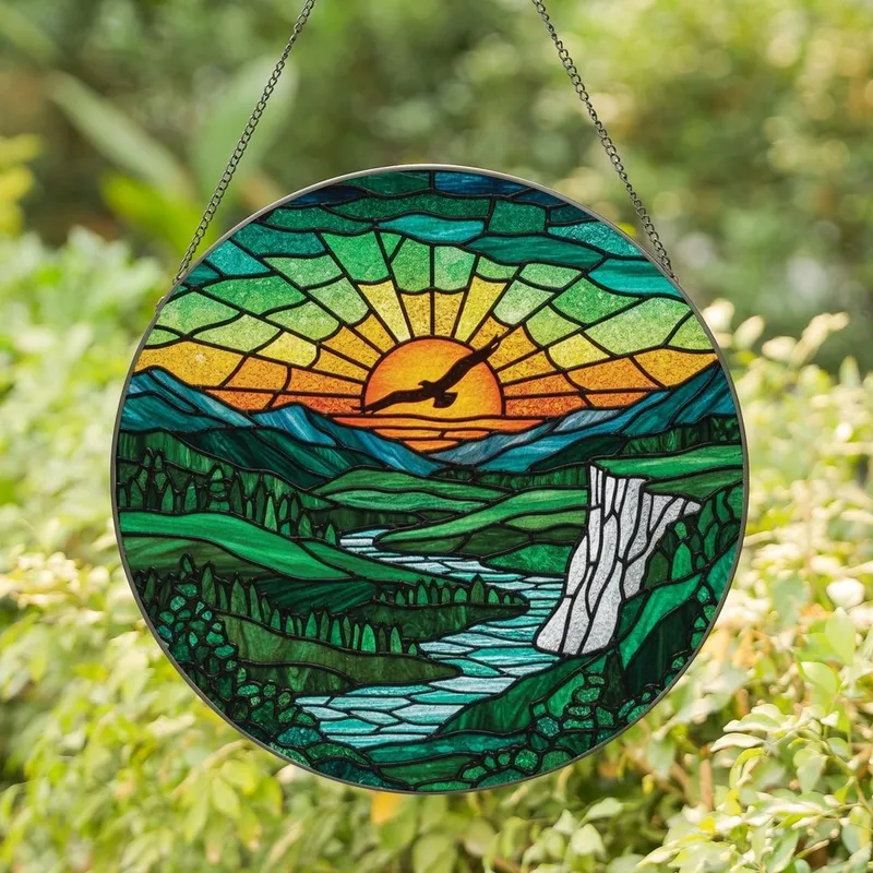 Art Enthusiasts' Vibrant Tiffany Stained Glass Sunset Bird Emerald Teal Mountain Mosaic Stained Glass Suncatcher - 1