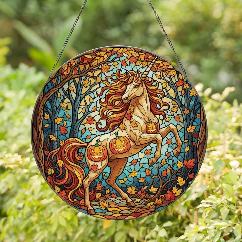 Fantasy Art Enthusiasts' Stained Glass Unicorn Jack-o'-Lantern Autumnal Forest Mosaic Jewel Tones Stained Glass Suncatcher - E1ZkIbRCHV