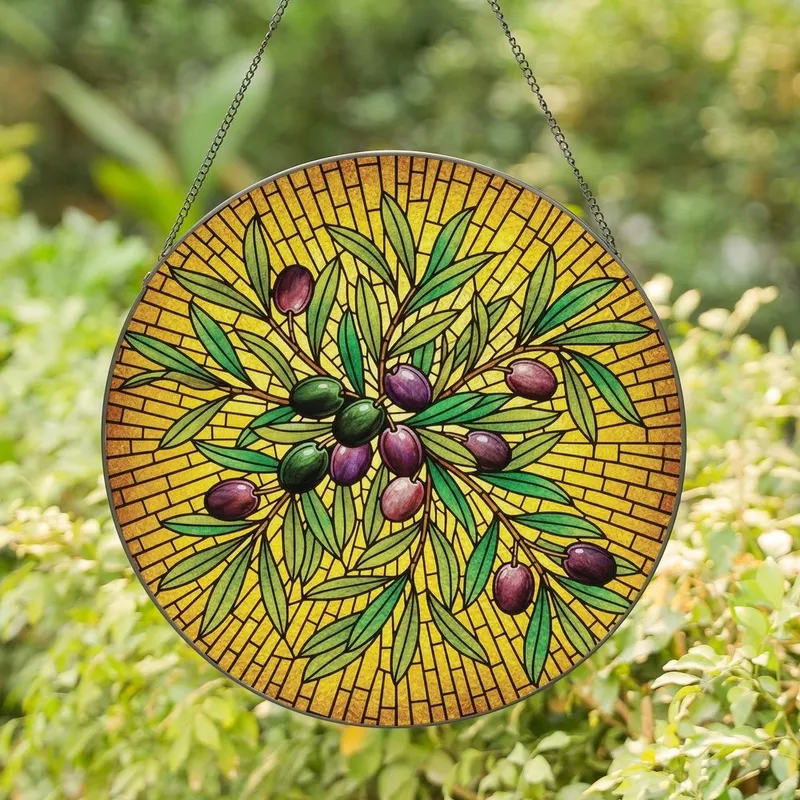 Art Lovers' Tiffany Stained Glass Olive Branch & Fruit Mosaic Green Gold Purple Teal Stained Glass Suncatcher - 1